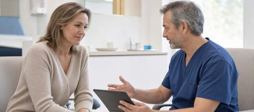 Patiente échangeant avec un médecin lors d’une consultation préopératoire avant une blépharoplastie