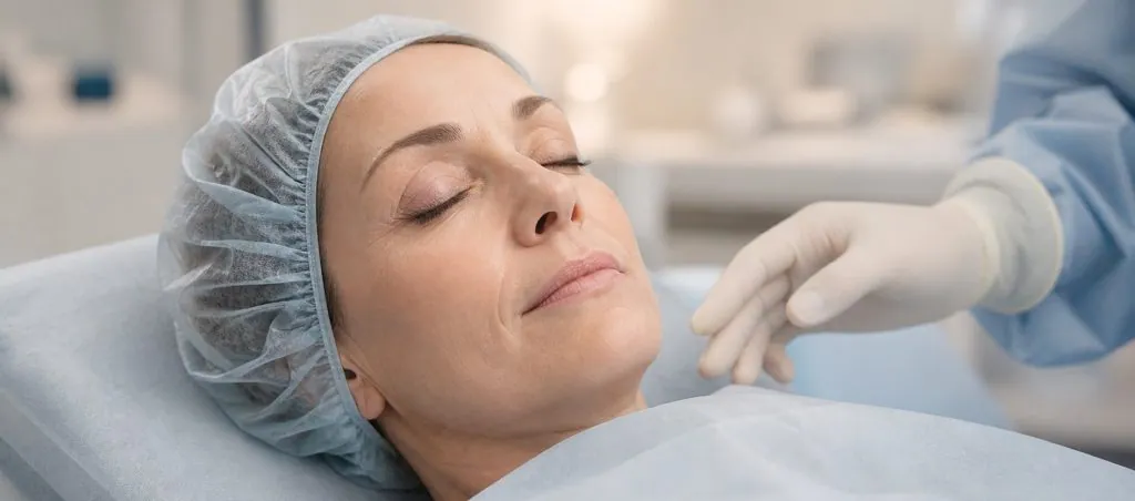 Photographie d’une patiente les yeux fermés dans un environnement médical calme avant une chirurgie des paupières