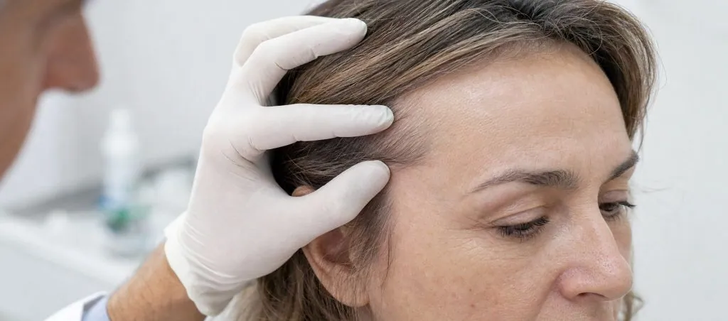 Patiente examinée par un ophtalmologue au niveau de la partie externe de la paupière supérieure