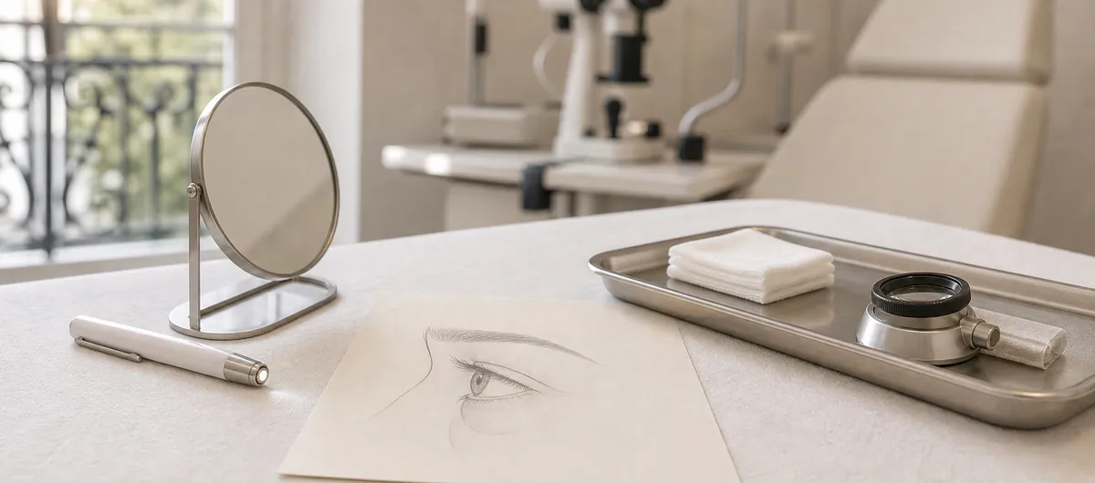 Materiel d examen et dessin du contour de l oeil en cabinet ophtalmologique