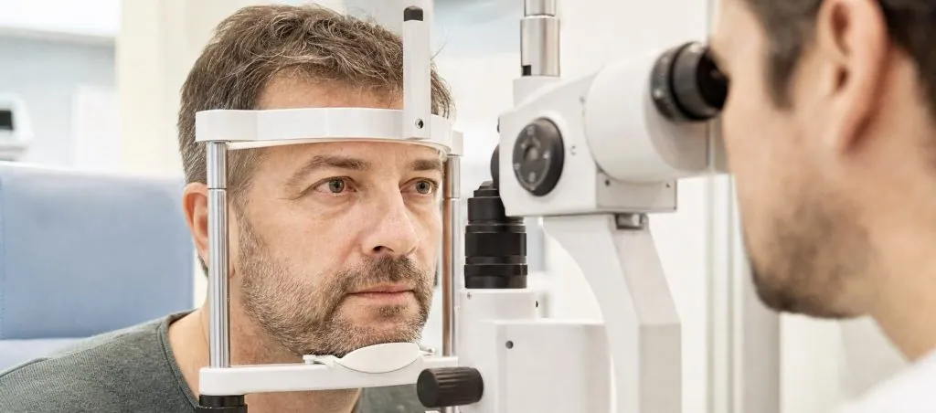 Patient examiné à la lampe à fente par un ophtalmologue après des symptômes oculaires au réveil